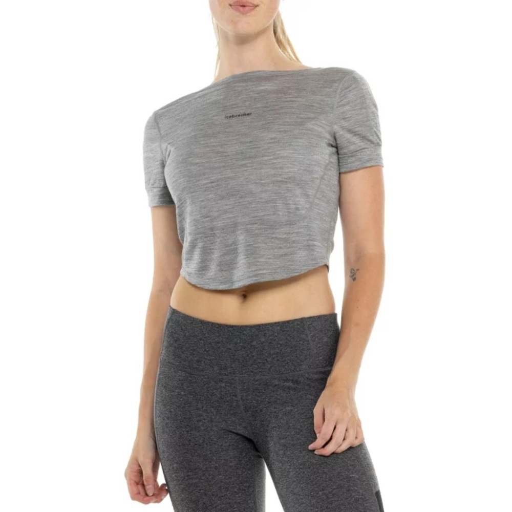 Icebreaker Crop Open Back Heather Gray Top Sz Small 100% Merino Wool